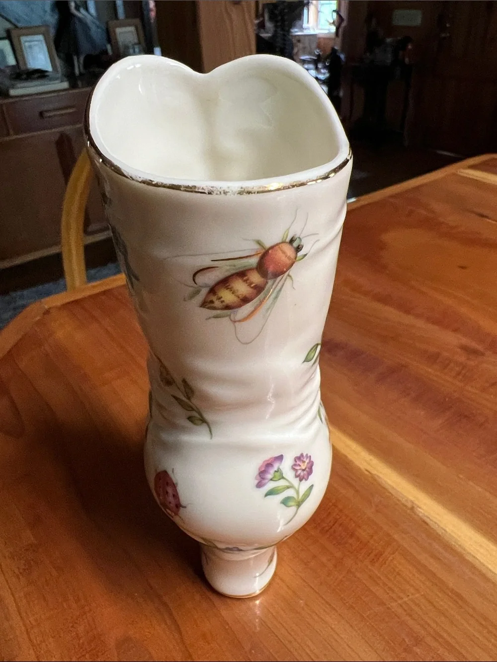 Vintage White Ankle Boot Heels with Yellow Butterfly, Dragonfly & Floral Vase